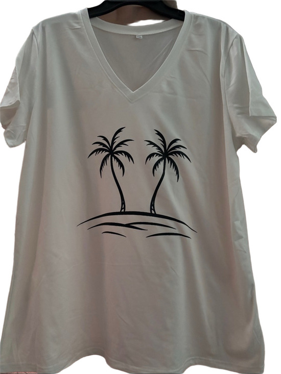 The Unbranded Brand Tops - Women’s White V-Neck Short Sleeve Tee with Black Palm Print